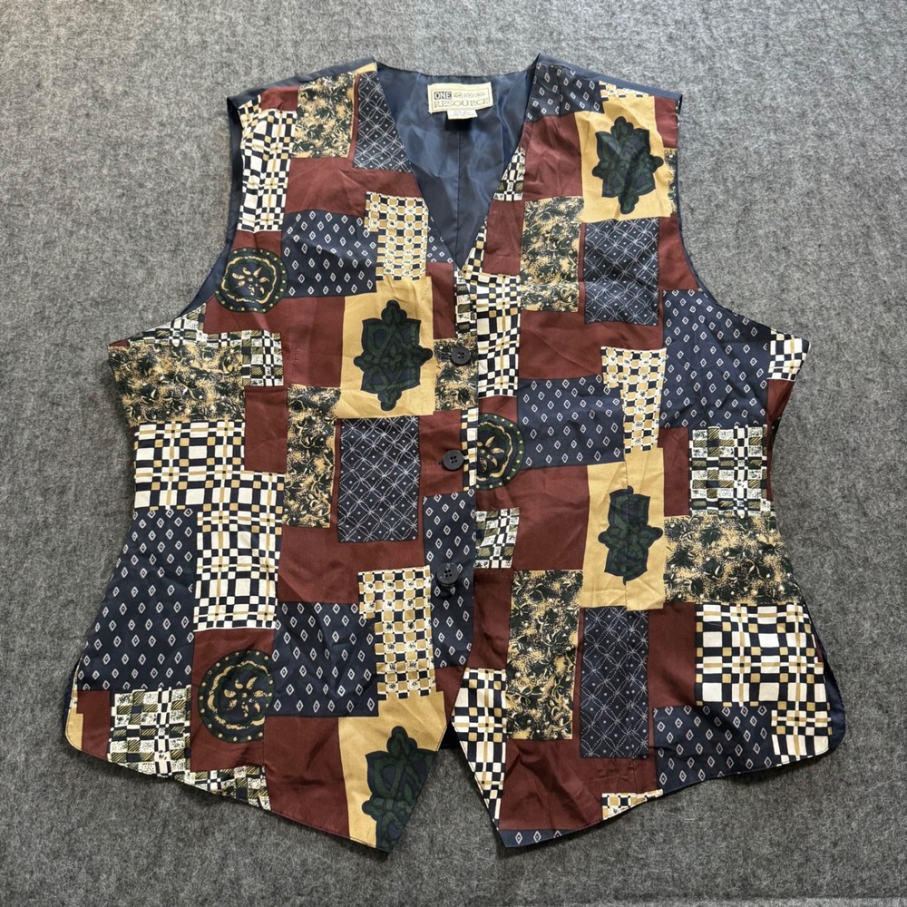 VTG 90s One Resource Silk Patchwork Vest Burgundy Tan Navy Geometric Print L